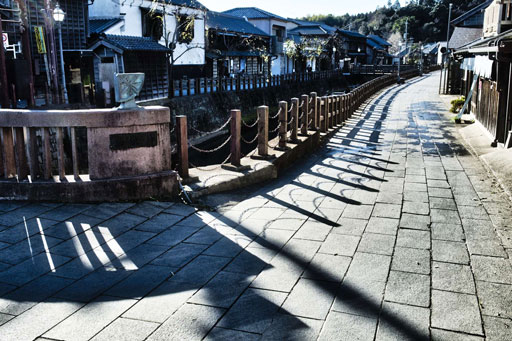 街道から川沿いの側道をのぞむ